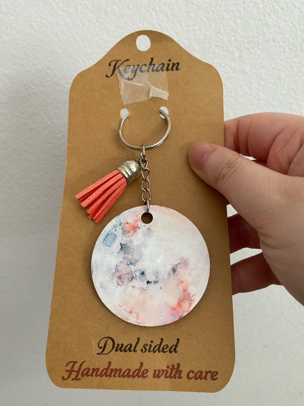 Watercolor Moon Keychain with Coral Tassel